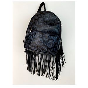 Italian Larettamia black leather and suede backpack with skull and flower motif